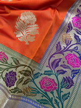 Orange Color Traditional Handloom Banarasi Saree with Floral Buttas | Paithani Style Border | Meenakari Flowers - Kaash