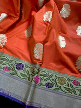 Orange Color Traditional Handloom Banarasi Saree with Floral Buttas | Paithani Style Border | Meenakari Flowers - Kaash