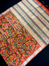 Orange Color Tussar Gicha Silk Saree With Kalamkari Prints - Orange with Biege Color Combination Saree - Kalamkari Saree - Kaash