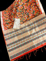 Orange Color Tussar Gicha Silk Saree With Kalamkari Prints - Orange with Biege Color Combination Saree - Kalamkari Saree - Kaash