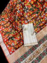 Orange Color Tussar Gicha Silk Saree With Kalamkari Prints - Orange with Biege Color Combination Saree - Kalamkari Saree - Kaash
