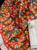 Orange Color Tussar Gicha Silk Saree With Kalamkari Prints - Orange with Biege Color Combination Saree - Kalamkari Saree - Kaash