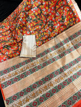 Orange Color Tussar Gicha Silk Saree With Kalamkari Prints - Orange with Biege Color Combination Saree - Kalamkari Saree - Kaash