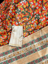 Orange Color Tussar Gicha Silk Saree With Kalamkari Prints - Orange with Biege Color Combination Saree - Kalamkari Saree - Kaash