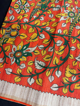 Orange Color Tussar Gicha Silk Saree With Kalamkari Prints - Orange with Biege Color Combination Saree - Kalamkari Saree - Kaash