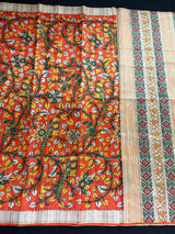 Orange Color Tussar Gicha Silk Saree With Kalamkari Prints - Orange with Biege Color Combination Saree - Kalamkari Saree - Kaash