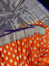 Orange with Purple Banarasi saree in banarasi silk with wide 7.5" purple borders with blue pallu — Kaash Collection