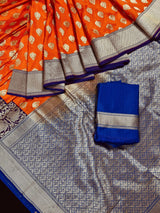 Orange with Purple Banarasi saree in banarasi silk with wide 7.5" purple borders with blue pallu — Kaash Collection