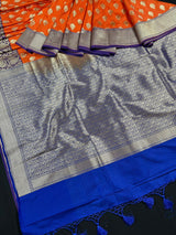 Orange with Purple Banarasi saree in banarasi silk with wide 7.5" purple borders with blue pallu — Kaash Collection
