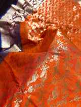 Magenta, Purple & Orange Banarasi saree in banarasi silk with shikargah hunting motifs in gold zari — Kaash Collection