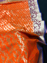 Orange with Purple and Blue Color combination Banarasi Silk Shikargah Saree in Zari Weave Work | Shikargah Sarees | Kaash Collection - Kaash