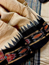 Organic Beige Pure Tussar Silk Saree with Black Ikkat Pattern, Silk Mark Certified - Kaash