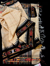 Organic Beige Pure Tussar Silk Saree with Black Ikkat Pattern, Silk Mark Certified - Kaash