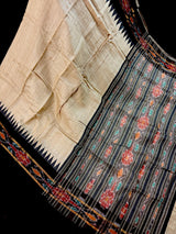 Organic Beige Pure Tussar Silk Saree with Black Ikkat Pattern, Silk Mark Certified - Kaash