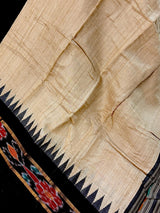 Organic Beige Pure Tussar Silk Saree with Black Ikkat Pattern, Silk Mark Certified - Kaash