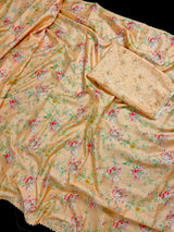Pale Peach Color Floral Print Saree with Lucknowi Embroidery and Crochet Lace Work - Kaash