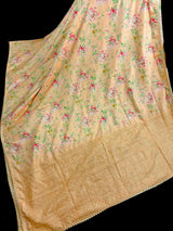 Pale Peach Color Floral Print Saree with Lucknowi Embroidery and Crochet Lace Work - Kaash