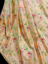 Pale Peach Color Floral Print Saree with Lucknowi Embroidery and Crochet Lace Work - Kaash
