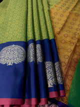 Parrot Green with Peacock Blue Banarasi saree in soft silk with tanchoi parsely design — Kaash Collection