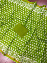 Parrot Green Color Hand Block Print Pure Cotton Saree with Zari Borders - Kaash