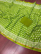 Parrot Green Color Hand Block Print Pure Cotton Saree with Zari Borders - Kaash