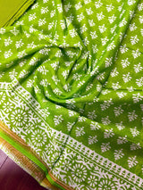 Parrot Green Color Hand Block Print Pure Cotton Saree with Zari Borders - Kaash
