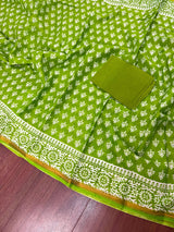 Parrot Green Color Hand Block Print Pure Cotton Saree with Zari Borders - Kaash