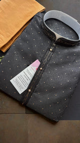 Party Wear Designer Men Kurta Set in Black Color with tiny Gold Zari Weave and Embossed Self Design in Soft Raw Silk with Cotton Lining - Kaash