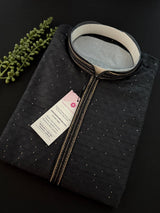 Party Wear Designer Men Kurta Set in Black Color with tiny Sequin and Embossed Self Design in Soft Silk Material - Kaash