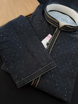 Party Wear Designer Men Kurta Set in Black Color with tiny Sequin and Embossed Self Design in Soft Silk Material - Kaash