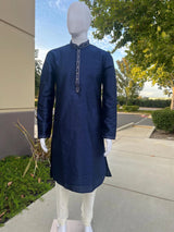 Blue (Size 38) men's kurta pajama in soft silk (non-pure) with tiny sequin with embossed self-design — Kaash Collection