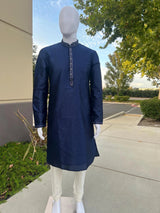 Blue (Size 38) men's kurta pajama in soft silk (non-pure) with tiny sequin with embossed self-design — Kaash Collection