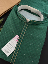 Party Wear Designer Men Kurta Set in Green Color with tiny Sequin and Embossed Self Design in Soft Silk Material - Kaash