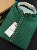 Party Wear Designer Men Kurta Set in Green Color with tiny Sequin and Embossed Self Design in Soft Silk Material - Kaash