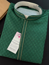 Party Wear Designer Men Kurta Set in Green Color with tiny Sequin and Embossed Self Design in Soft Silk Material - Kaash