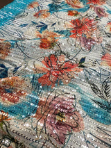 Party Wear Statement Digital Printed Floral Sequin Saree in Pearl White and Sky Blue - Kaash