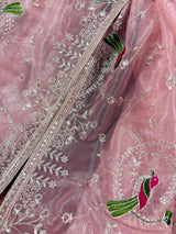 Pastel Baby Pink tissue net dupatta with silver zari & parrot motifs — Kaash Collection