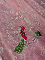 Pastel Baby Pink tissue net dupatta with silver zari & parrot motifs — Kaash Collection