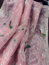 Pastel Baby Pink tissue net dupatta with silver zari & parrot motifs — Kaash Collection