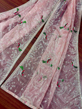 Pastel Baby Pink tissue net dupatta with silver zari & parrot motifs — Kaash Collection