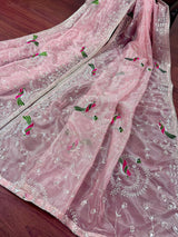 Pastel Baby Pink tissue net dupatta with silver zari & parrot motifs — Kaash Collection