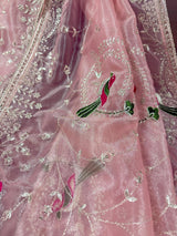 Pastel Baby Pink tissue net dupatta with silver zari & parrot motifs — Kaash Collection