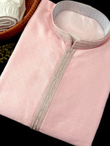 Pastel Baby Pink Silk Kurta with Zari Embroidery | Men's Wedding Festive Wear - Kaash