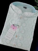Pastel Blue men's kurta pajama in pure cotton with lucknowi chikankari with silver sequin — Kaash Collection