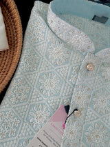 Pastel Blue men's kurta pajama in pure cotton with lucknowi chikankari with silver sequin — Kaash Collection