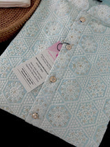 Pastel Blue men's kurta pajama in pure cotton with lucknowi chikankari with silver sequin — Kaash Collection