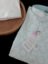 Pastel Blue Color Chikankari Lucknowi Pure Cotton Kurta Pajama Set with Sequin and with Lining -Chikhankari Kurta - Kaash