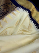 Pastel Cream with Blue & Pink Borders banarasi silk saree with ganga-yamuna border, muted zari & temple border — Kaash Collection