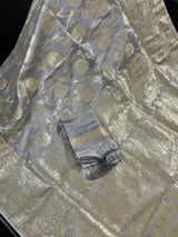 Pastel Gray Color Saree with Hot Pink Border Traditional Banarasi Satin Silk Saree with Muted Gold Zari Floral Jaal Weave - Kaash