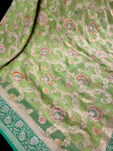 Pastel Green and Sea Green pure khaddi georgette banarasi silk saree with muted gold zari jaal & meenakari — Kaash Collection